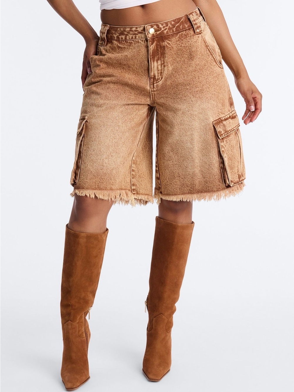 Mid Rise Cargo Denim Jorts - Washed Brown